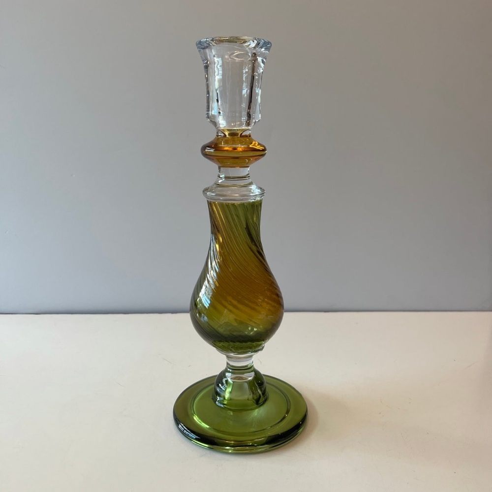 Vintage Hand Blown Amber, Clear and Green Glass Candle Stick Holder